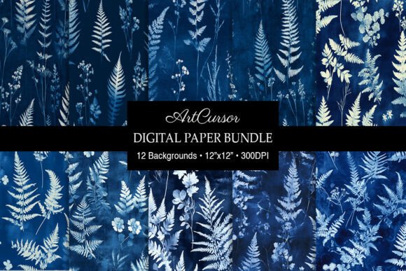 Deep Blue Ferns Wildflowers Backgrounds: A Digital Paper Set for Modern Makers
